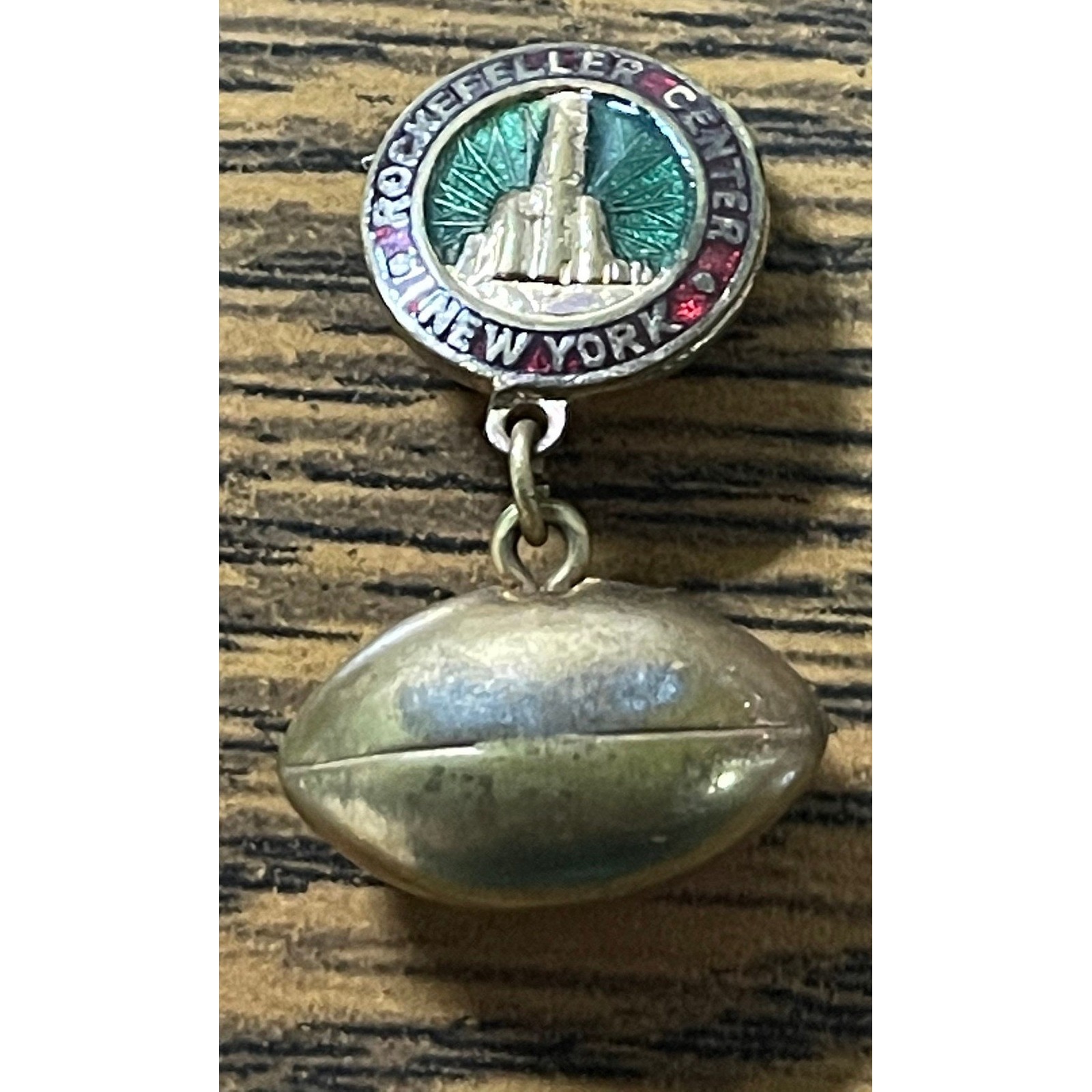 Vintage Worlds Fair Pendant Rockefeller Center Gold Plated Enamel Football